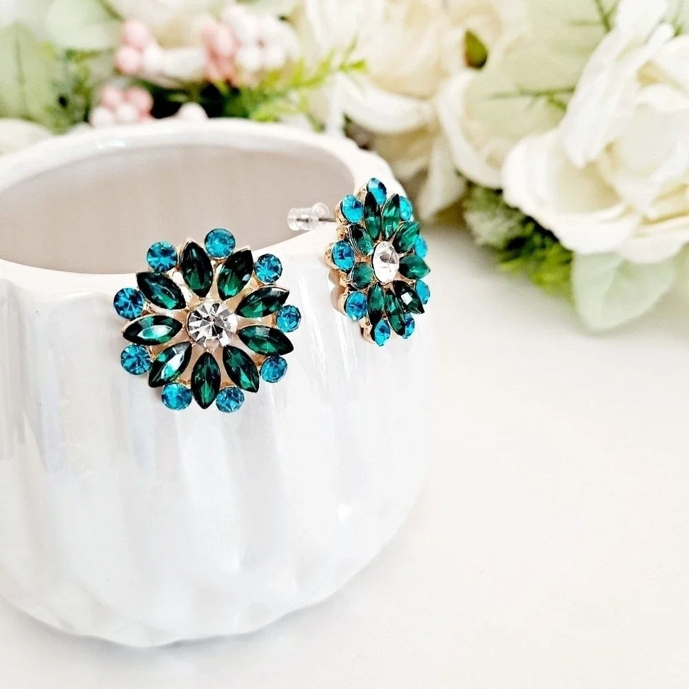 Green Turquoise Rhinestone Cluster Flower Statement Stud Earrings formal prom 💖